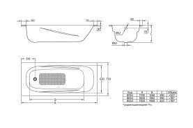 Стальная ванна BLB Universal Anatomica HG 170x75 см B75L с отверстиями под ручки 208 мм 3